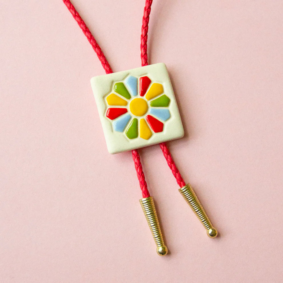 Ceramic Bolo Tie - Rainbow Quilt Square