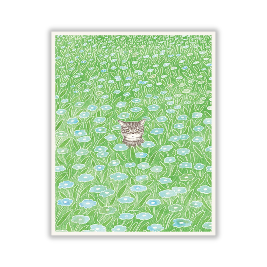 Tabby Cat, Cat in the Flower Field Print 8x10"