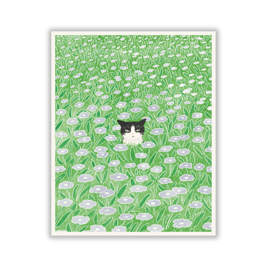 Tuxedo Cat, Cat in the Flower Field Print 8x10"