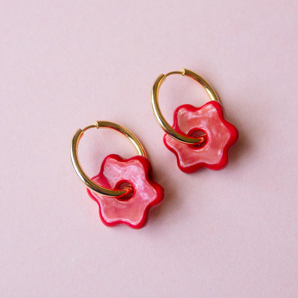 Ceramic Daisy Hoops - Cherry Red