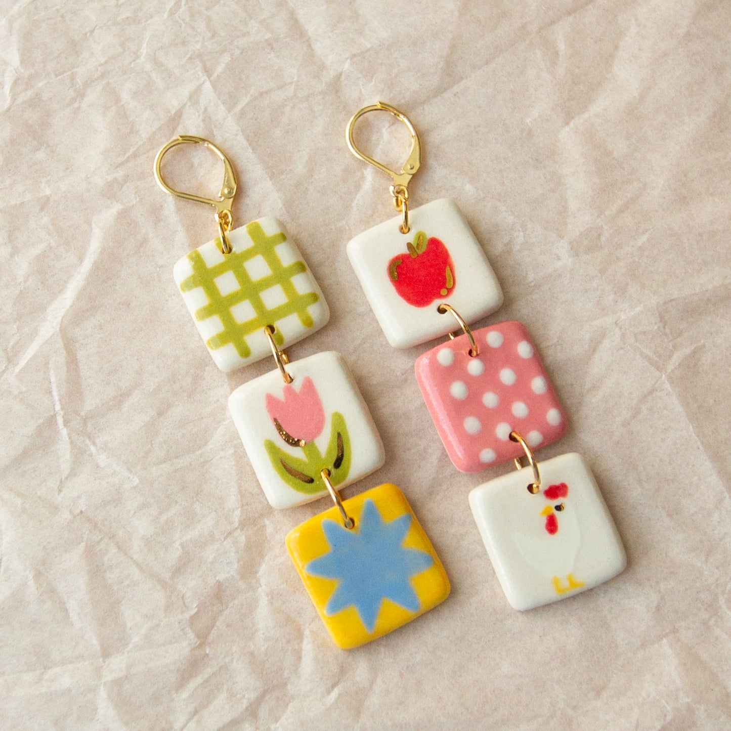 Quilt Square Dangle Earrings - Chicken
