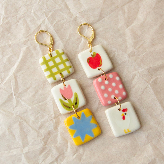 Quilt Square Dangle Earrings - Chicken
