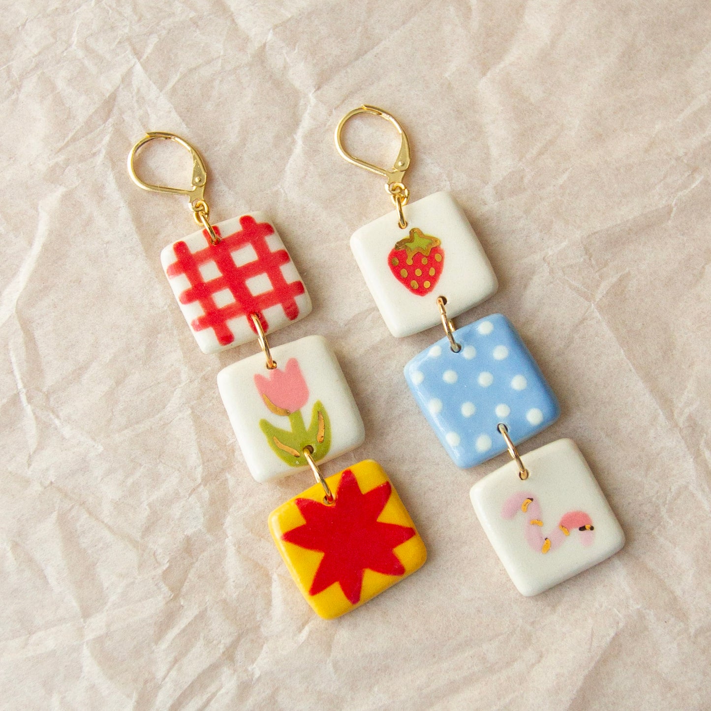 Quilt Square Dangle Earrings - Worm
