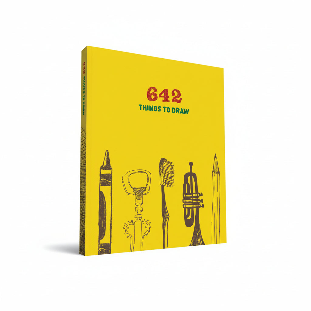 Book cover with '642 Things to Draw' text and illustrations of drawing tools on a yellow background